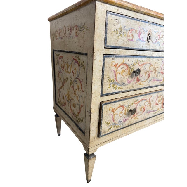 Beige Antique Italian Hand-Painted Commode, 19th Century — Polychrome Scrolling Foliate Decoration For Sale - Image 8 of 18