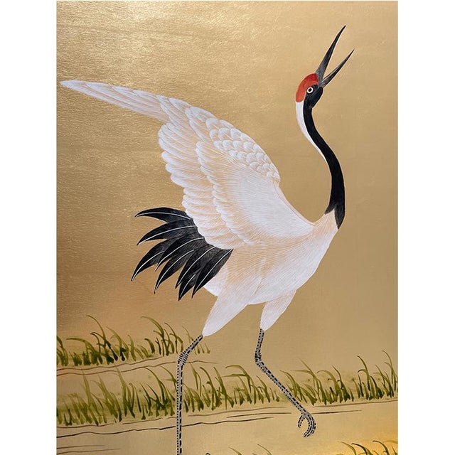 Gold Leaf Japanese Style Hand-Painted Crane Wall Panels (Set of 4) For Sale - Image 6 of 8