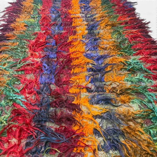 Mid-Century Modern Antique Filikli Tulu Rug 3x5 – Konya Long Pile Vertical Stripes in Red, Brown, Blue & Green For Sale - Image 3 of 5