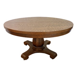 Antique Arts & Crafts Tiger Oak Dining Table on Pedestal Base With 54" Round Top For Sale