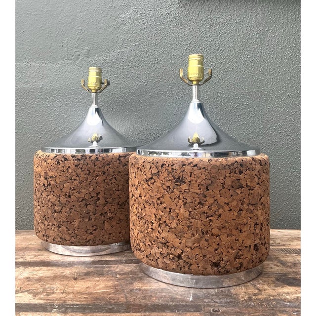 Vintage 70s Chrome and Cork Lamps - A Pair For Sale - Image 12 of 12