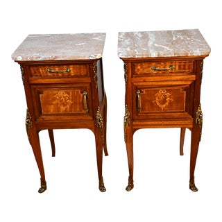 1910 Antique French Louis XV Walnut Inlaid Marble Top Nightstands Bedside Tables For Sale