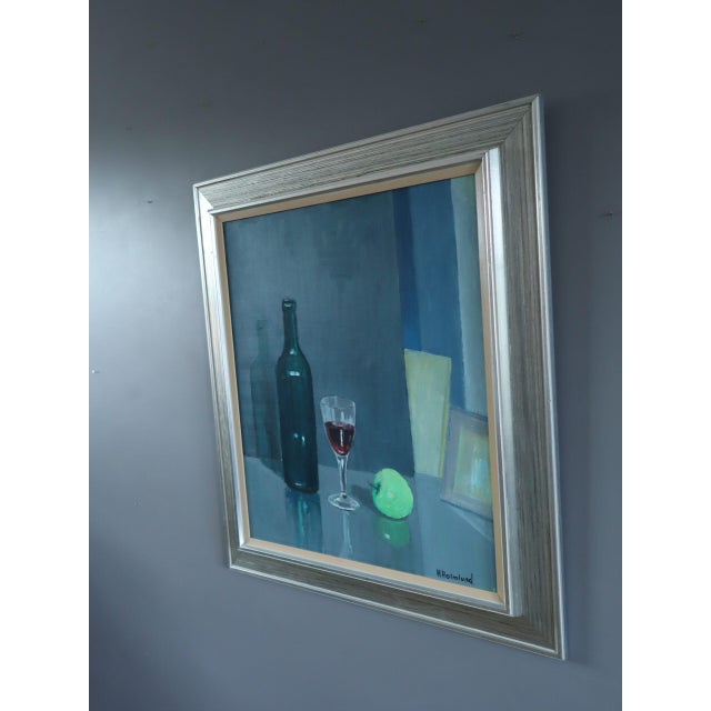 1960s Mid-Century Modern 'Green Apple With Glasses' Vintage Original Still Life Oil Painting, Framed For Sale - Image 5 of 12