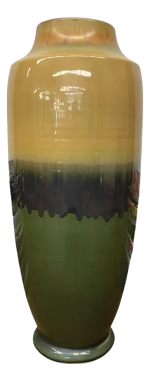 Tall Green Vase with Mustard Top and Charcoal Glaze Band