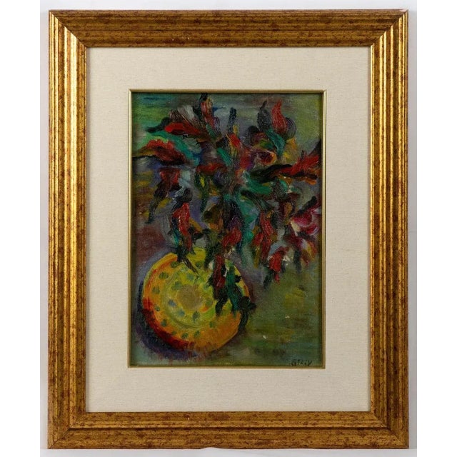 Flower Vase is and artwork realized in the early 20th Century by Marcel Gilly. Original oil painting on panel. Hand-signed...