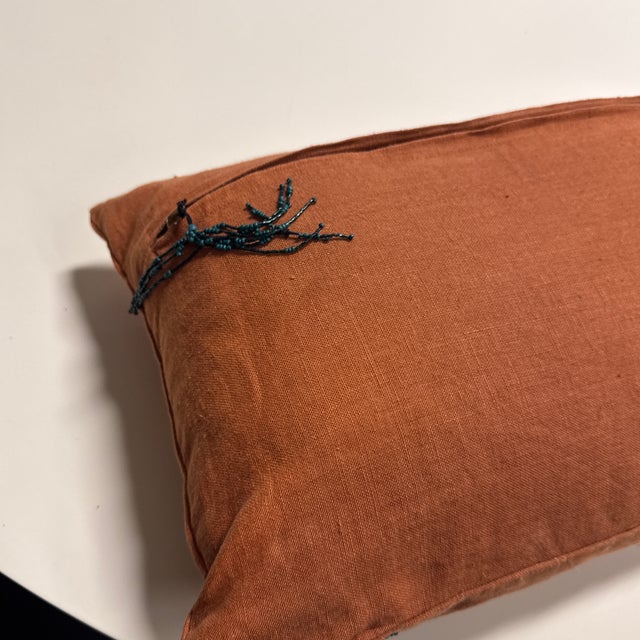 Orange + Dark Green Embroidered Lumbar Pillow For Sale - Image 12 of 12
