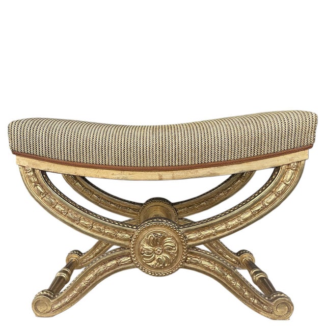 Vintage Giltwood Pliant Stools with Beige-Gold Upholstery, 1990s, Set of 4 For Sale - Image 6 of 8