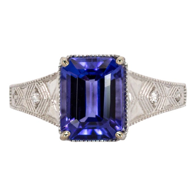 2.8cts Deluxe Tanzanite Ring W Diamond Accents in Solid 14k Gold | Em 9x7mm, Size 6.75 For Sale