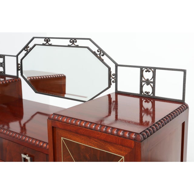 Art Deco Marquetry Cabinet with Wrought Iron Mirror Crest, Belgium, 1920s For Sale - Image 9 of 17