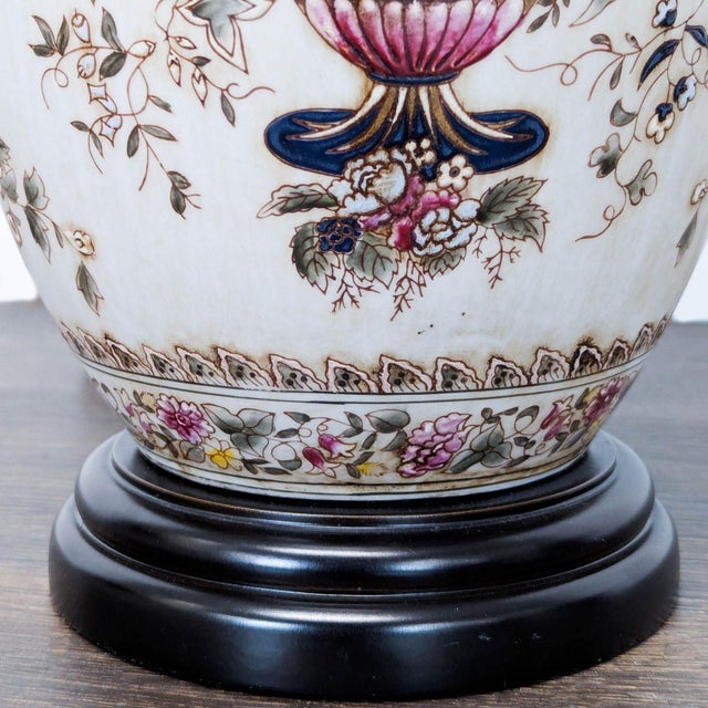 Elegant Oriental Accent Floral Ceramic Table Lamp With Classic Shade For Sale In San Francisco - Image 6 of 6