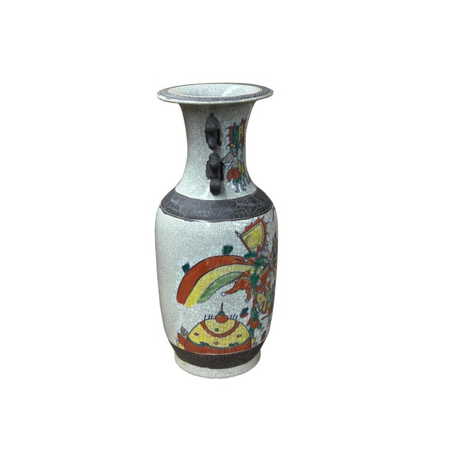 Orient Crackle Gray Warrior Graphic Artistic Pottery Ceramic Vase For Sale In San Francisco - Image 6 of 17