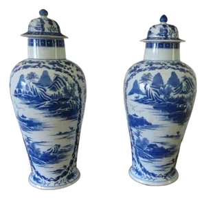 Vintage Chinese Blue & White Temple Jars- Set of 2