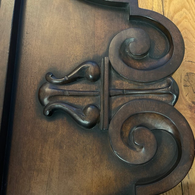 English Polo Ralph Lauren Handsome Carved Wood Beveled Wall Mirror With Elegant Scroll Detailing For Sale - Image 3 of 10