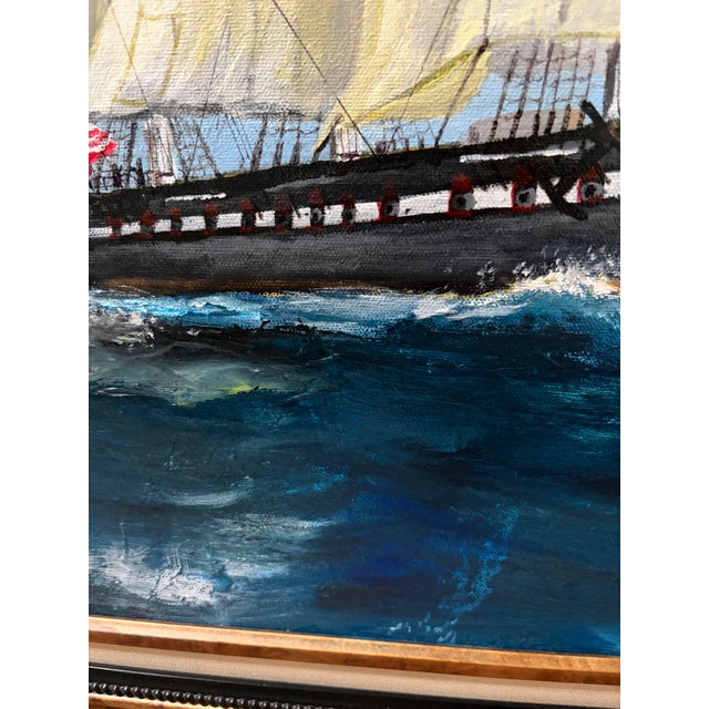 2018 Signed "Brennan" Folk Art Maritime Sailing Ship Painting in Ornate Frame For Sale - Image 14 of 17