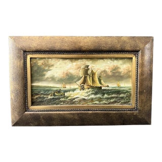Vintage Oil on Board of Clipper Ship at Sea For Sale