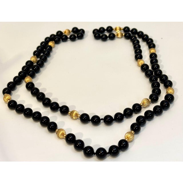 Round Bead Black Onyx & 14 Karat Gold Bead Necklace For Sale In New York - Image 6 of 8