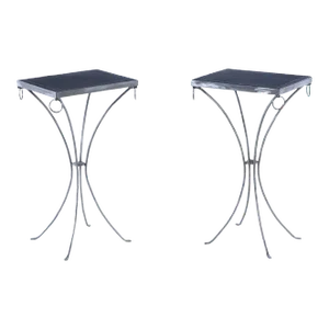 Pair Polished Iron Drinks Tables With Ring Decoration and Black Distressed Leather Hand Stitched Tops So as to Look Vintage.