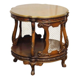 Vintage French Carved Wood Metal Grids Side Table For Sale