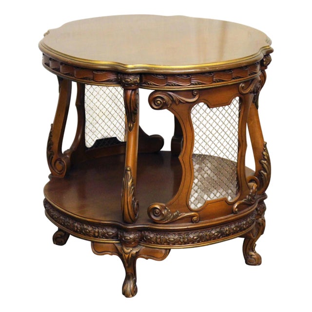 Vintage French Carved Wood Metal Grids Side Table For Sale