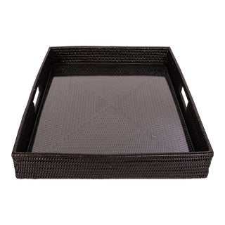 Artifacts Rattan Square Serving Ottoman Trays with Glass Insert in Black, Medium For Sale