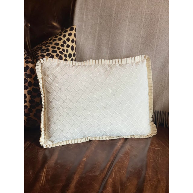 Rustic European Vintage Cream Colored Diamond Pique Rectangle Bolster Pillow With Trim For Sale - Image 3 of 9