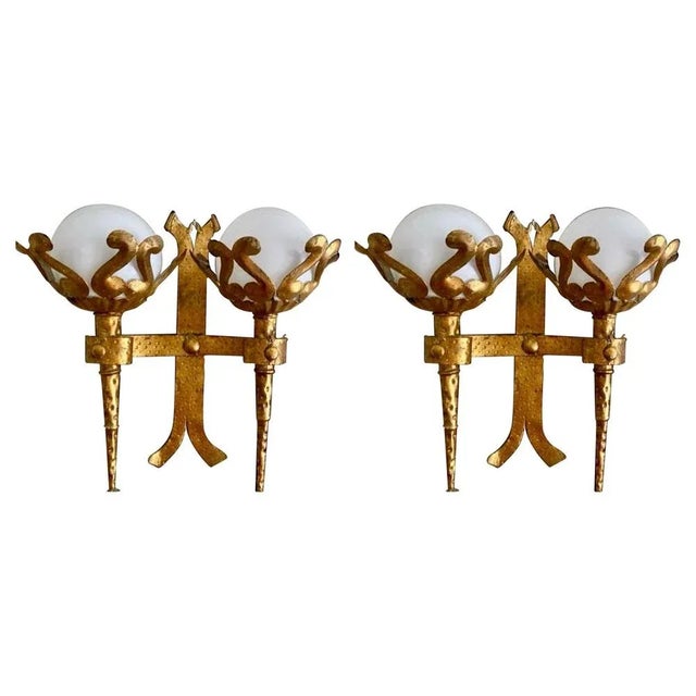 Spanish Wall Light in Gilt Iron with Milk Glass Globes, 1950, Set of 2 For Sale - Image 10 of 10