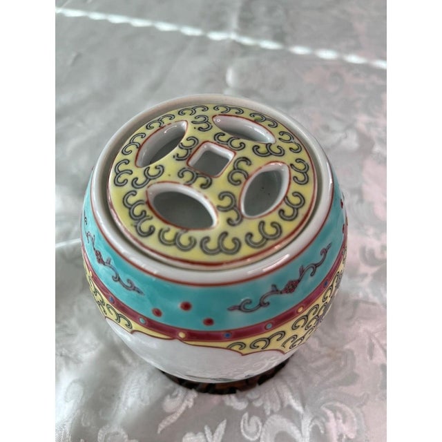 Late 20th Century Vintage Jingdezhen Famille Rose Porcelain Ginger Jar & Stand - Bird & Floral 5" For Sale - Image 5 of 8