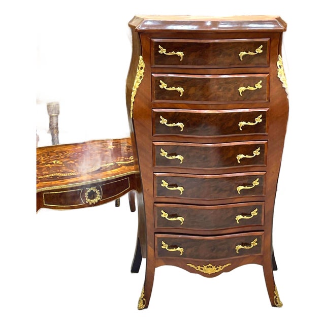 Napoleon III Boulle Style Chiffonier Commode – French Tall Chest With Gold Bronze Details, 7 Drawer Luxury Cabinet For Sale
