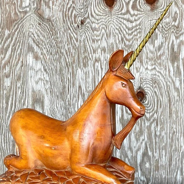 Vintage Boho Hand Carved Wood and Brass Unicorn For Sale - Image 11 of 12