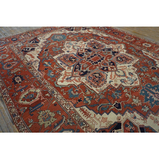Rustic 1880s Red Ivory Rustic Medallion Antique Persian Heriz Serapi Rug 11'8" X 14' Handknotted Wool Carpet For Sale - Image 3 of 6