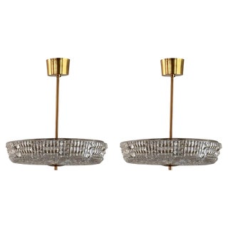 Brass and Crystal Ceiling Lamp attributed to Carl Fagerlund for Orrefors, Sweden, 1960s For Sale