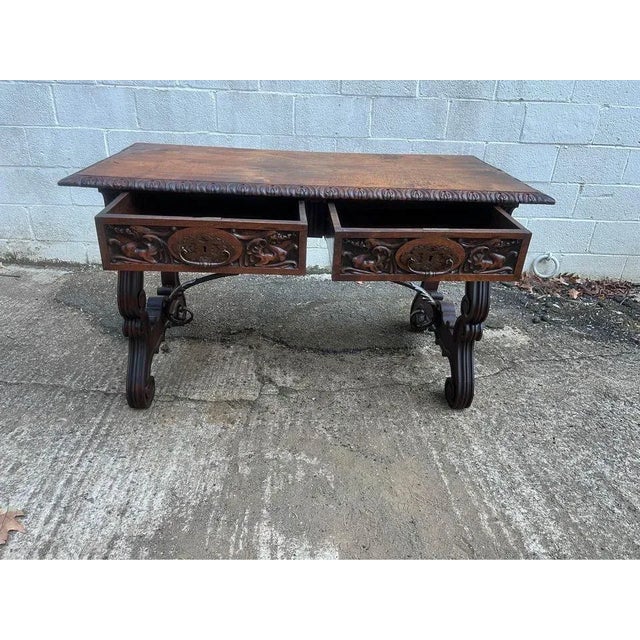 19th Century Spanish Carved Walnut Renaissance Library/ Writing or Desk Table. For Sale - Image 10 of 11