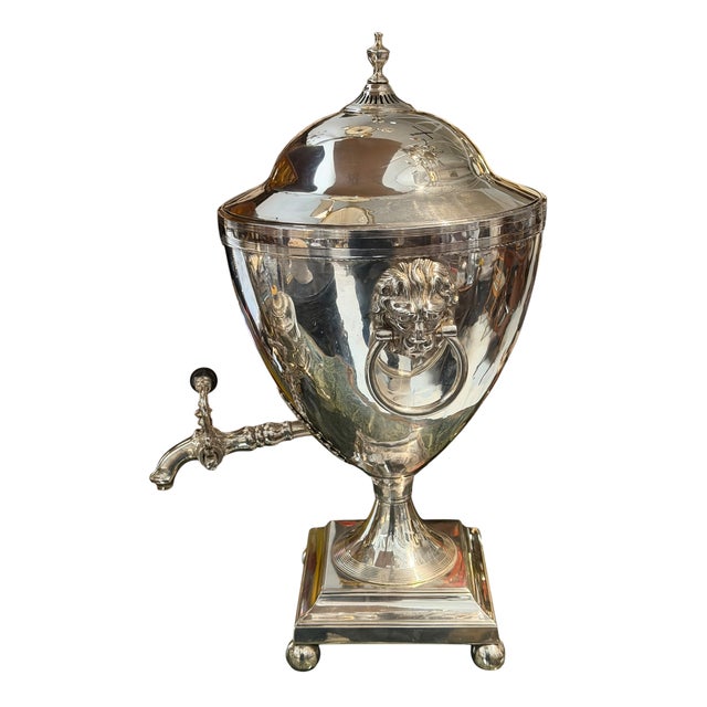 Antique Regency Style Silver Samovar With Lion Heads & Original Heater.