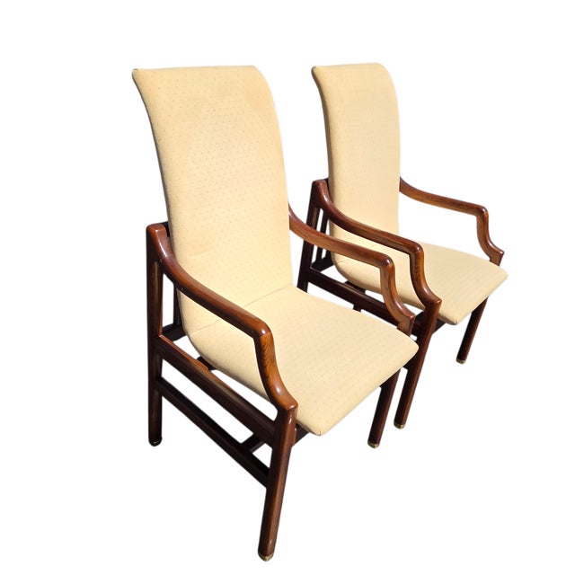 Henredon 1980s 2 Henredon Scene One Campaign Dining Room Armchairs MCM Oak Brass For Sale - Image 4 of 14