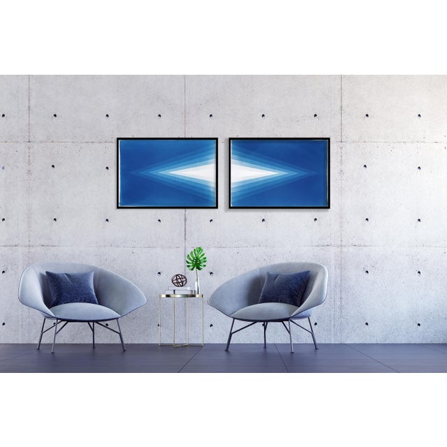 Blue 2025, Geometric Minimalism, Horizontal Diptych of Blue Diamond, Handmade Monotype Cyanotype on Watercolor Paper by Kind of Cyan For Sale - Image 8 of 10