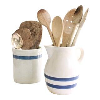 Striped Stoneware Crock & Pitcher Utensil Holders S/2 For Sale