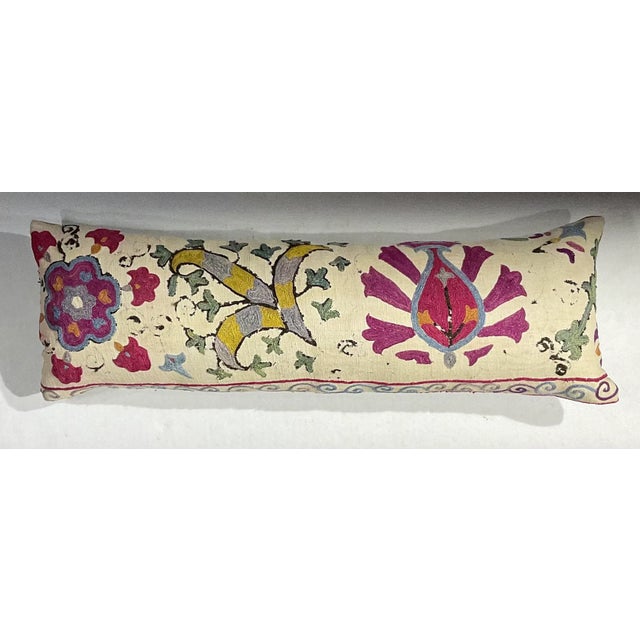 Pink Single Antique Silk Embroidery Suzani Pillow For Sale - Image 8 of 9