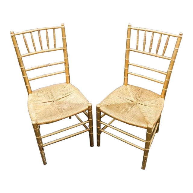 19th Century Woven Rush Seat With Faux Leopard Print Cushions Faux Bamboo Gilt Ballroom Chairs - a P For Sale