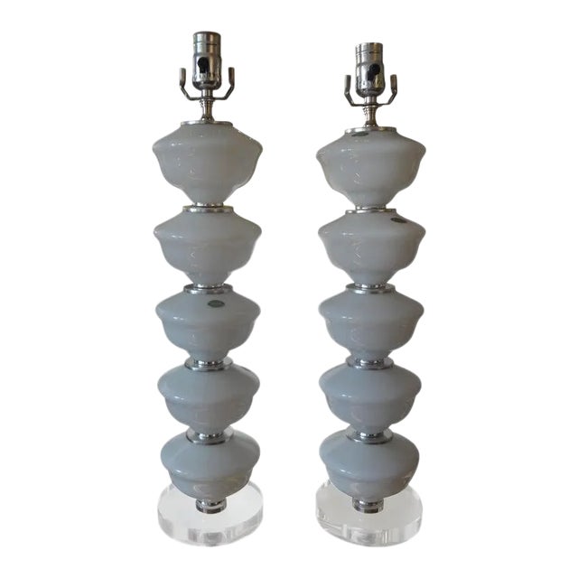 Mid-Century White Murano Glass Lamps-Pair For Sale
