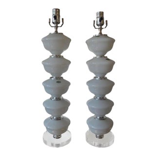 Pair of Mid-Century White Murano Glass Lamps For Sale
