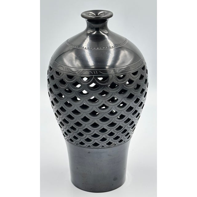 Vintage Warren Yip Hand Molded Studio Art Black Clay Pottery Openwork Bud Vase For Sale - Image 11 of 13