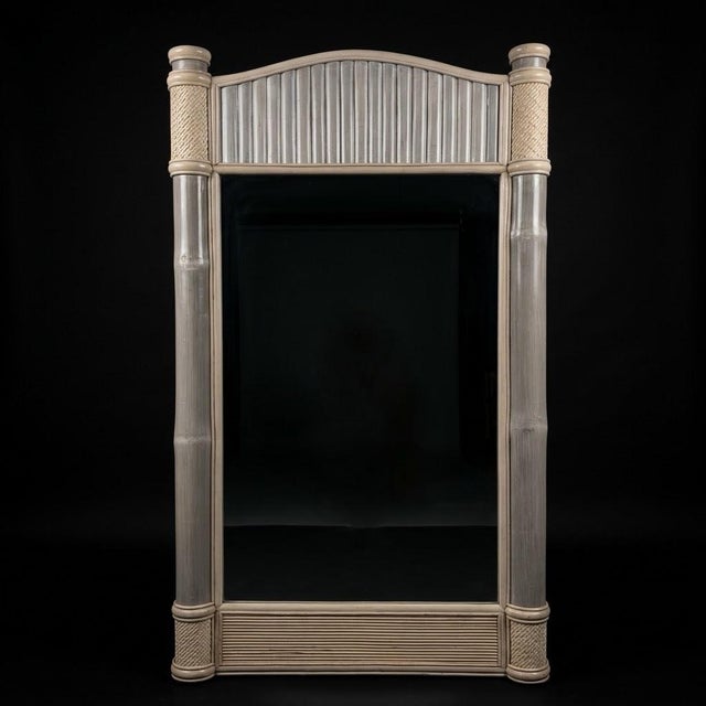 Mid-Century Modern 1970s Monumental Palm Beach Estate Grayish-Blue & Cream Bamboo Wall Mirror For Sale - Image 3 of 14