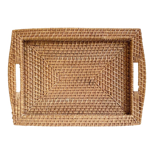 Woven Rattan Serving Tray With Handles For Sale
