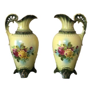Early 20th Century Austria Victorian/Art Nouveau Numbered Hand Painted Porcelain Vases - a Pair For Sale
