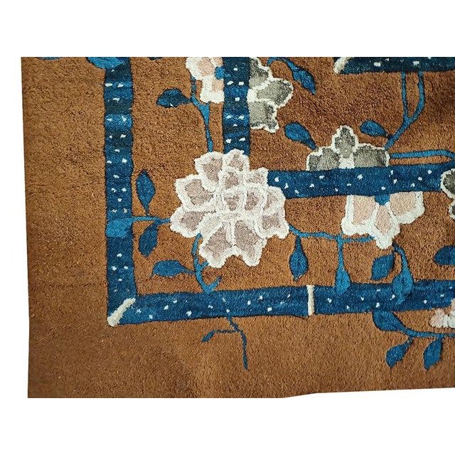 Early 20th Century 1920s Brown Medallion Floral Antique Chinese Peking Rug 8' X 10' Knotted Pile Wool Carpet For Sale - Image 5 of 6