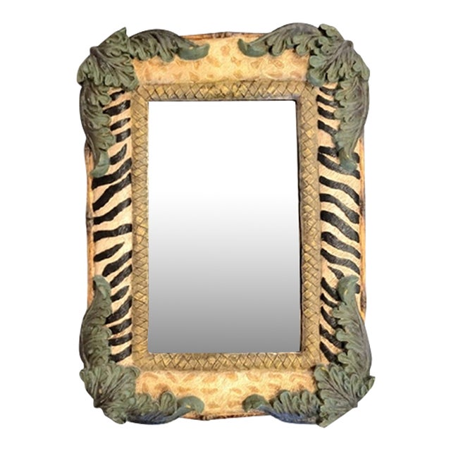 Tropical Resin Zebra Leaf Leopard Faux Bamboo Regency Style Wall Mirror For Sale