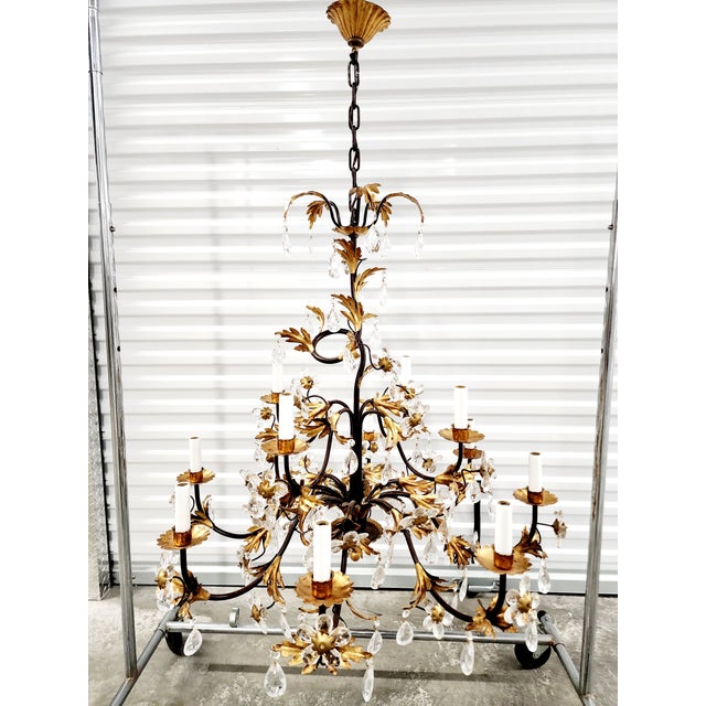 Hollywood Regency Hollywood Regency Style Wrought Iron Gilted Chandelier With Crystals For Sale - Image 3 of 12