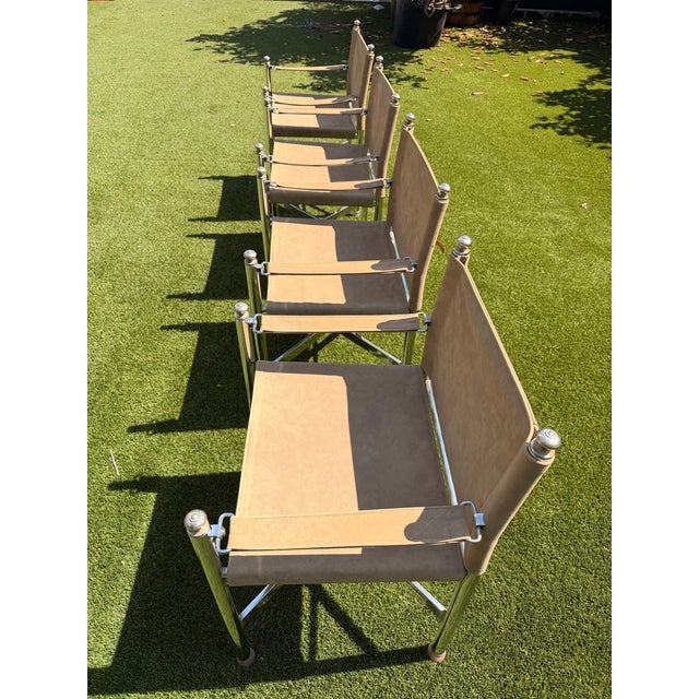 Maison Jansen Vintage Campaign Maison Jansen Style, Pace Chrome Table & Director Arm Chairs, Suede Leather Chrome and Brass C. 1970s For Sale - Image 4 of 12