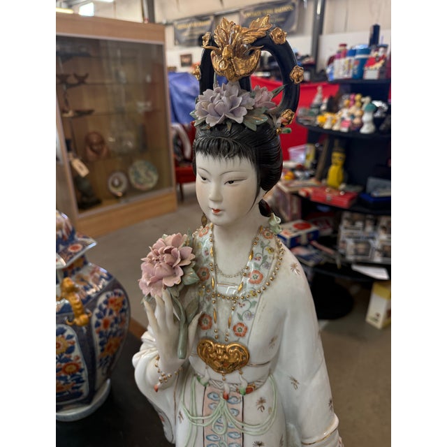 Vintage Hand Painted Porcelain Japanese Geisha Statue 32in For Sale - Image 4 of 8