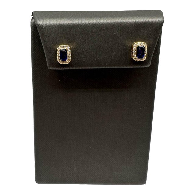 Sapphire and Diamond Halo Studs in 14kt Yellow Gold - 5x3mm Sapphires, New, A Pair For Sale